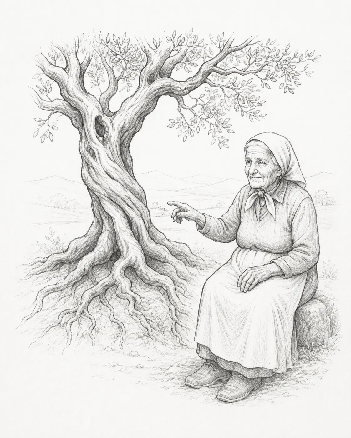 Nonna che racconta sotto un ulivo secolare